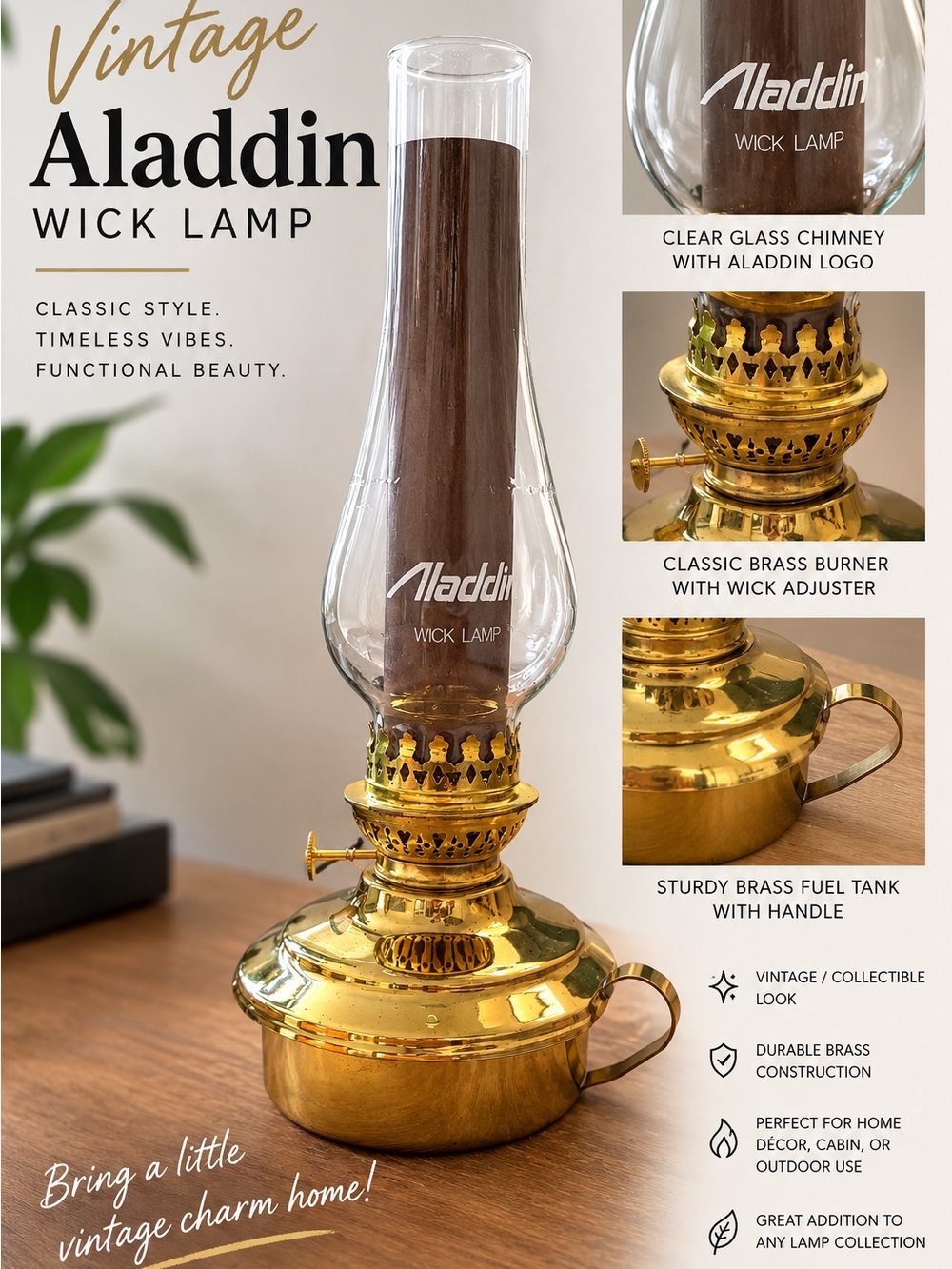 Aladdin Brass Wick Lamp - Vintage Gold Oil Lamp NEW